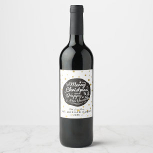 Black Gold Polka Dots Christmas & New Year Script Wine Label