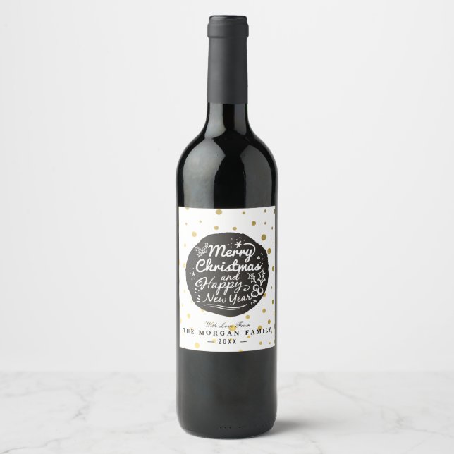 Black Gold Polka Dots Christmas & New Year Script Wine Label (Front)