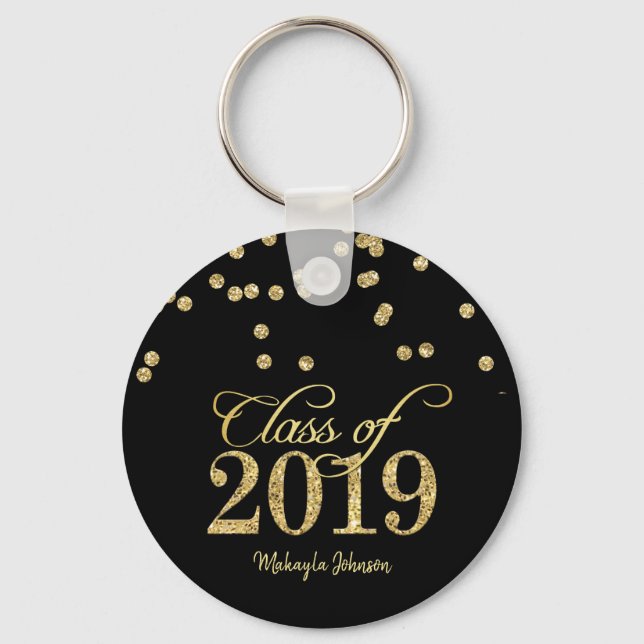 Black & Gold Polka-dots Glitter Class of 2019 Key Ring (Front)