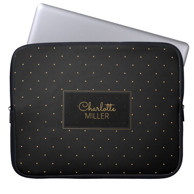 Black-Gold Polkadots and Custom Name Laptop Sleeve (Front)