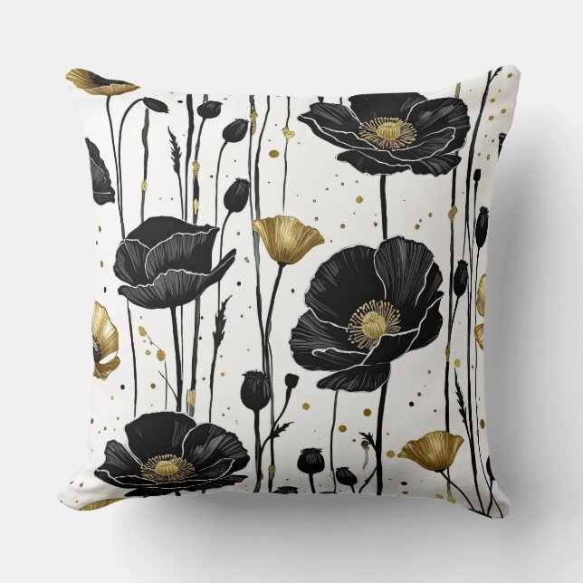 Black & Gold Poppies on White Cushion (Front)