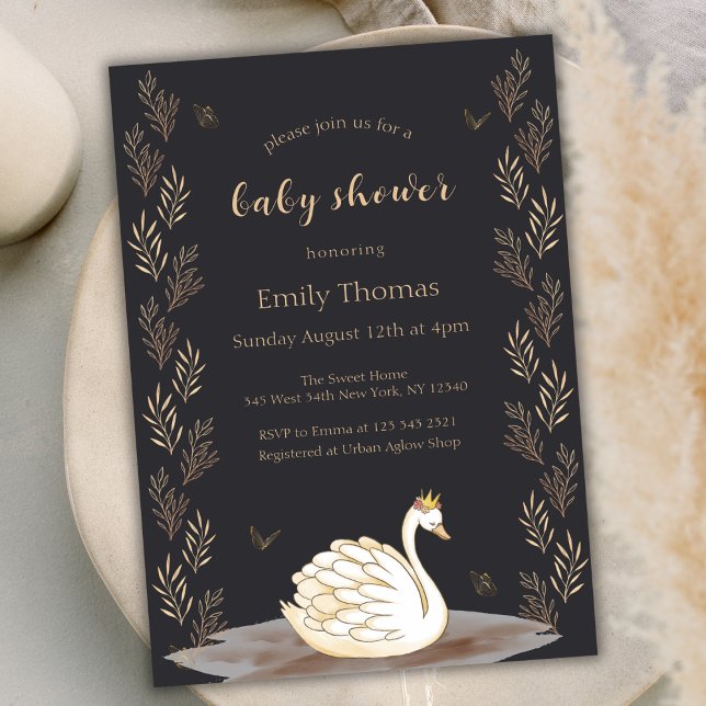 Black Gold Princess Swan Butterfly Baby Shower Invitation (Black Gold Princess Swan Butterfly Baby Shower Invitation)