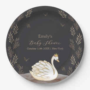 Black Gold Princess Swan Butterfly Baby Shower Paper Plate
