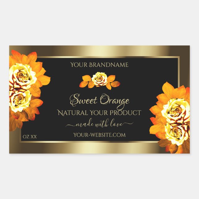 Black Gold Product Labels Blooming Orange Roses (Front)