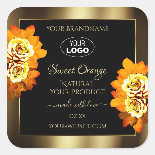 Black Gold Product Labels Leafy Orange Roses Logo (Front)