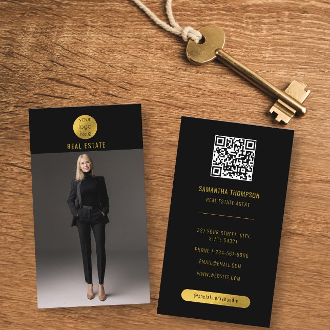 Black & Gold Professional Photo Real Estate Agent Business Card (Creator Uploaded)