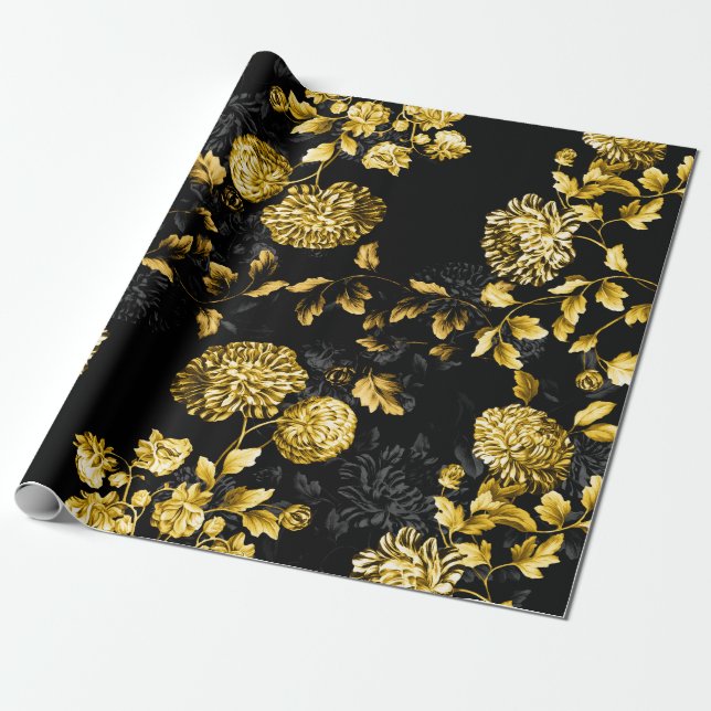 Black Gold Profusion Floral Toile Wrapping Paper (Unrolled)