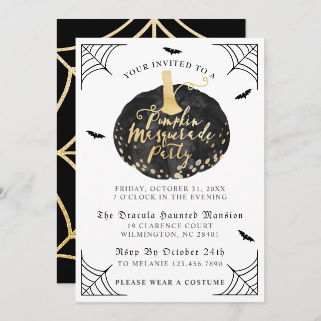 Black & Gold Pumpkin Masquarade Halloween Party Invitation (Front/Back)