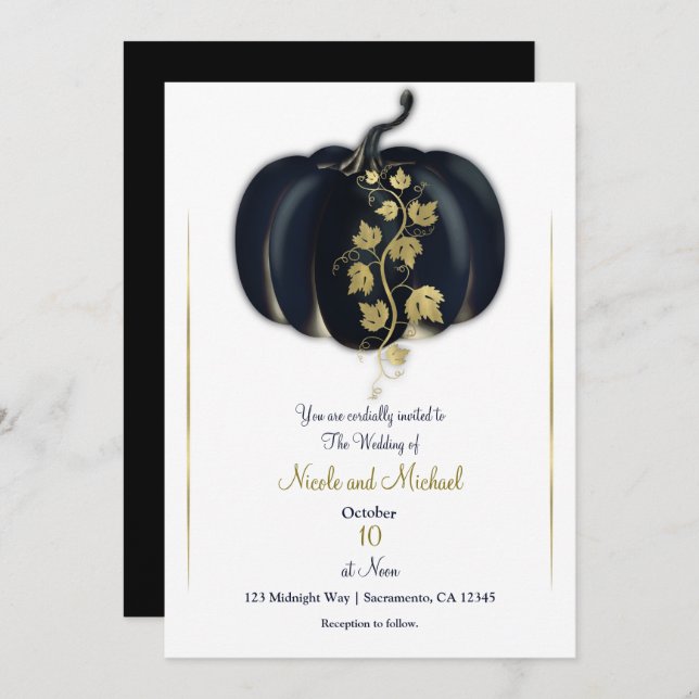 Black & Gold Pumpkin Storybook Fall Wedding  Invitation (Front/Back)