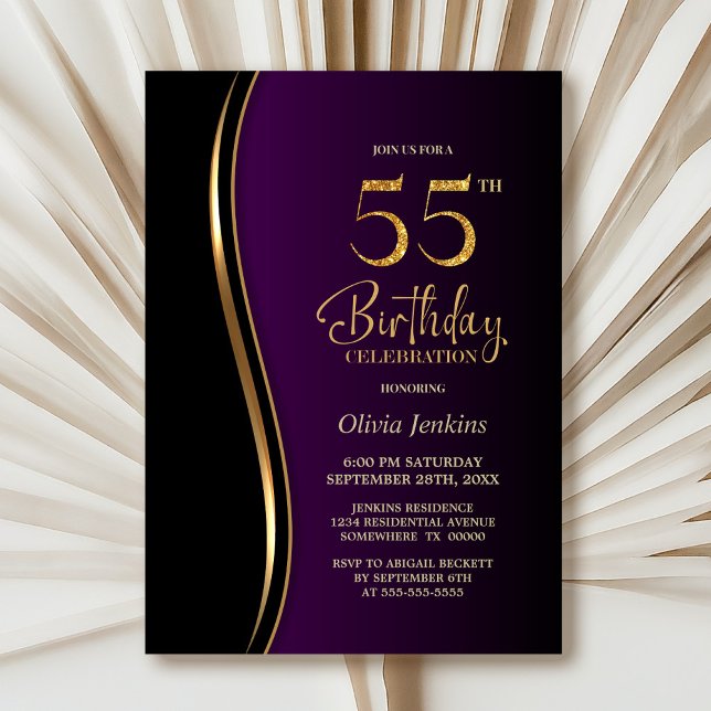 Black Gold Purple 55th Birthday Party Invitation (Creator Uploaded)