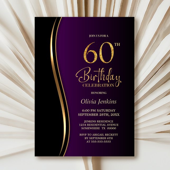 Black Gold Purple 60th Birthday Party Invitation (Creator Uploaded)