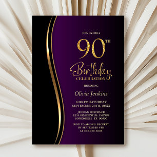 Black Gold Purple 90th Birthday Party Invitation