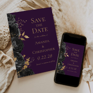 Black Gold Purple Floral Save the Date Announcement