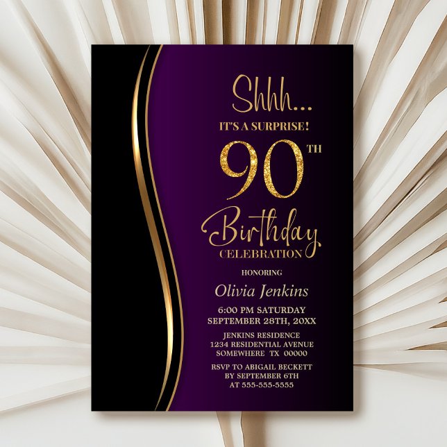 Black Gold Purple Surprise 90th Birthday Invitation (Creator Uploaded)