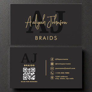 Black Gold QR Code Braids Hair Stylist Business Card