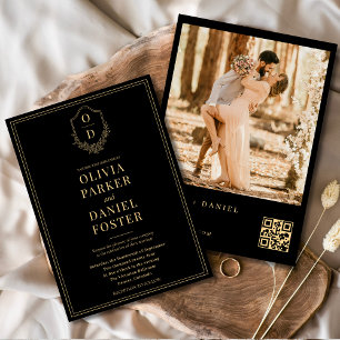 Black Gold QR Code Crest Photo Wedding Invitation