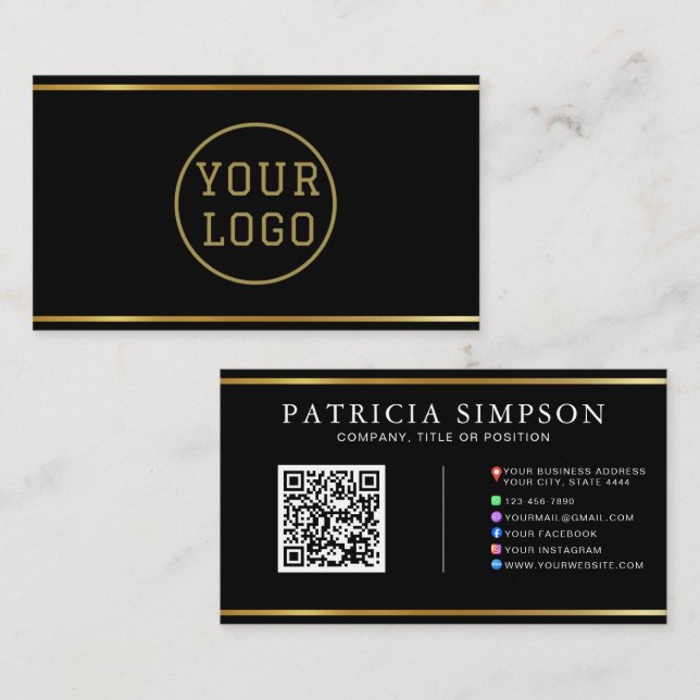 Black Gold QR Code | Logo and Social Media Icons Business Card (Front/Back)