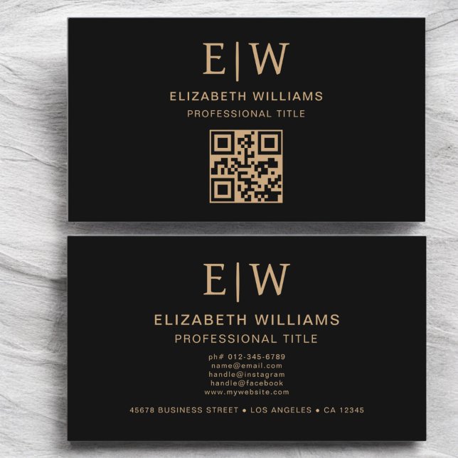 Black Gold QR Code Monogram Minimalist  Business Card (Creator Uploaded)