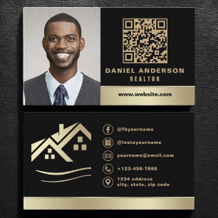 Black Gold QR Code Photo Real Estate Realtor Business Card