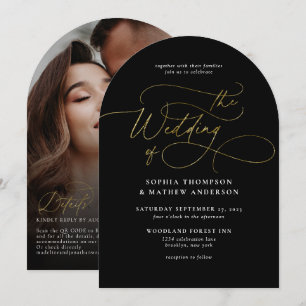 Black Gold QR Code Rsvp All in one Arch Wedding Invitation