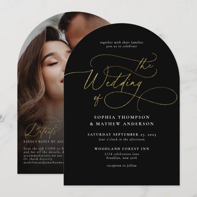 Black Gold QR Code Rsvp All in one Arch Wedding Invitation (Front/Back)