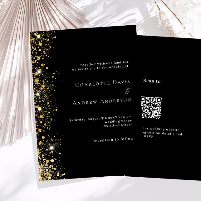 Black gold QR code RSVP details wedding Invitation (Creator Uploaded)