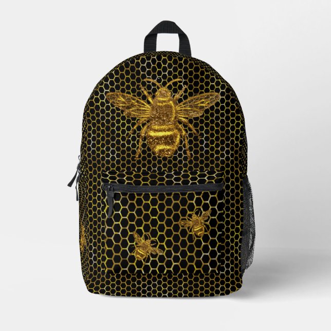 Black Gold Queen Bee Gold Beehive Printed Backpack (Front)