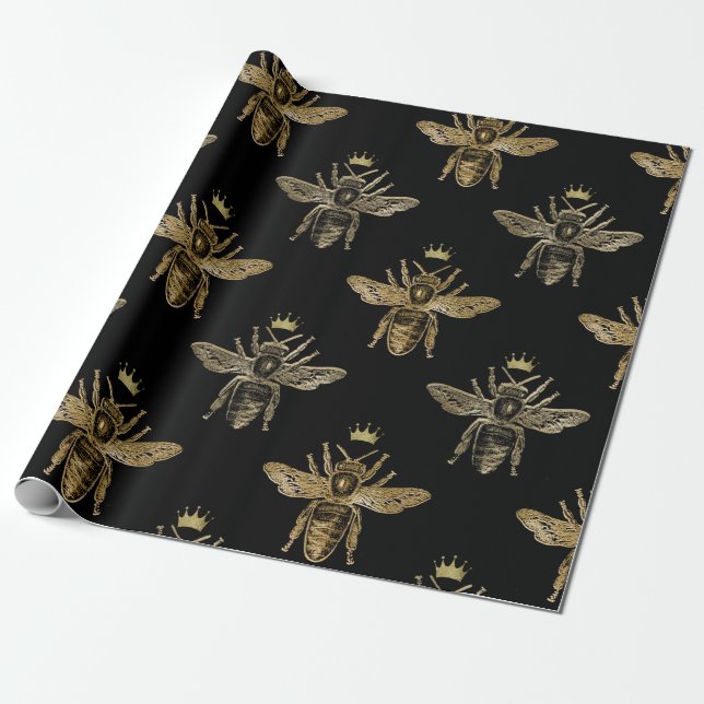Black & Gold Queen Bee Wrapping Paper (Unrolled)