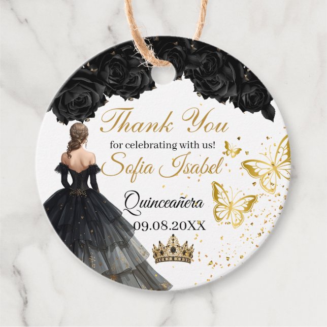 Black Gold Quinceañera Custom Favor Tag (Front)