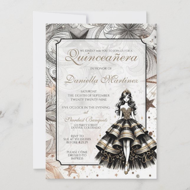 Black & Gold Quinceañera Girl Invitation (Front)