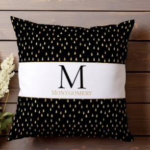 Black Gold Raindrop Modern Trendy Monogram Cushion