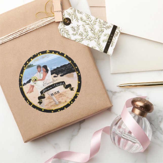 Black Gold Random Dot Pattern Your Wedding Photo Classic Round Sticker (Gifting)