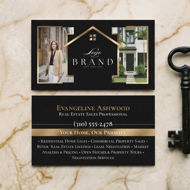 Black Gold Real Estate Agent Photo Custom Logo Business Card (Black Gold Real Estate Agent Photo Custom Logo Business Card)