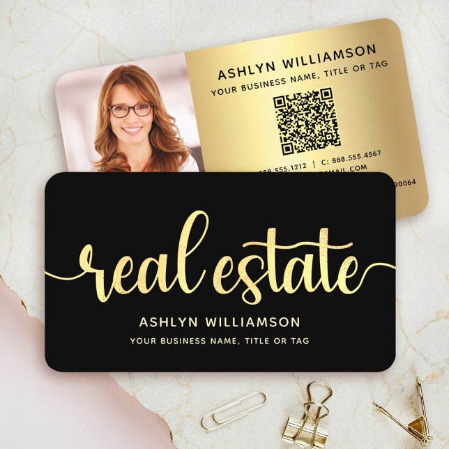 Black Gold Real Estate Agent Photo QR Code Broker Business Card (Creator Uploaded)