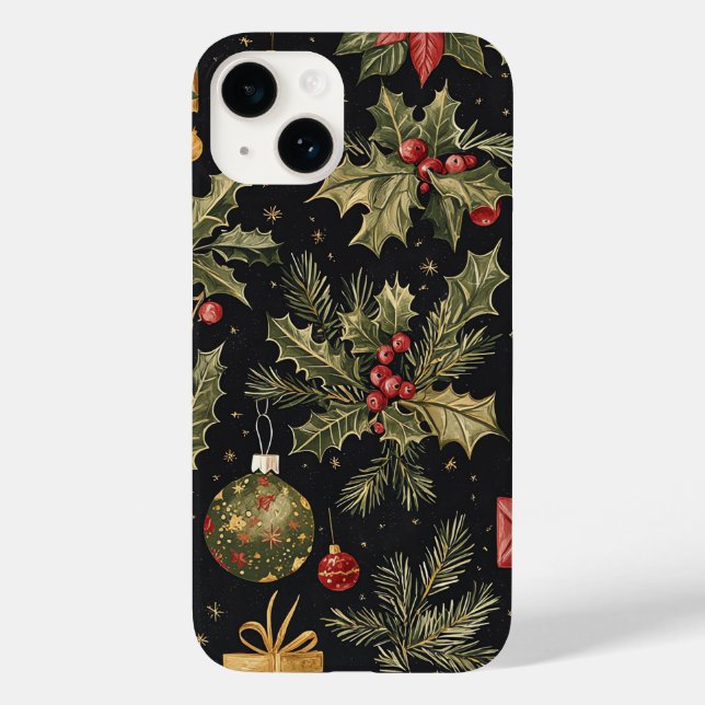 Black Gold Red Christmas Holly Pattern Case-Mate iPhone Case (Back)