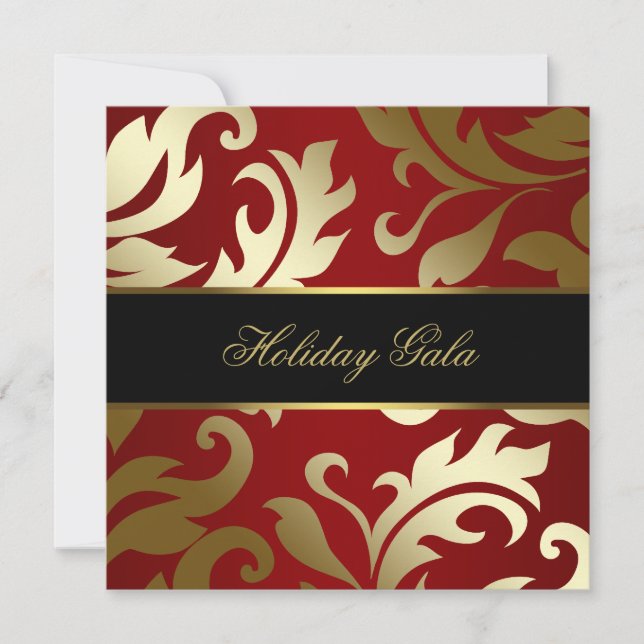 Black Gold Red Damask Holiday Party Invitations (Front)