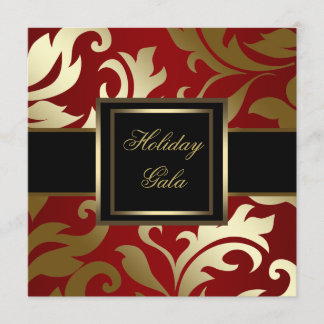 Black Gold Red Damask Holiday Party Invitations