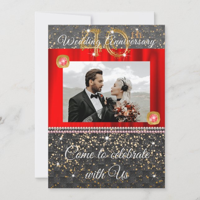 Black Gold & Red Diamond 40th Wedding Anniversary  Invitation (Front)