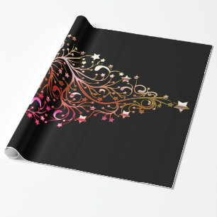 Black Gold Red Elegant Chic Christmas Tree Stars Wrapping Paper