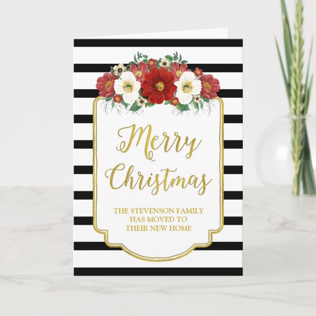 Black Gold Red Floral Merry Christmas New Address Holiday Card (Front)