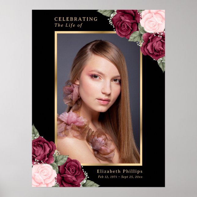 Black Gold Red Floral Photo Memorial Funeral Sign (Front)