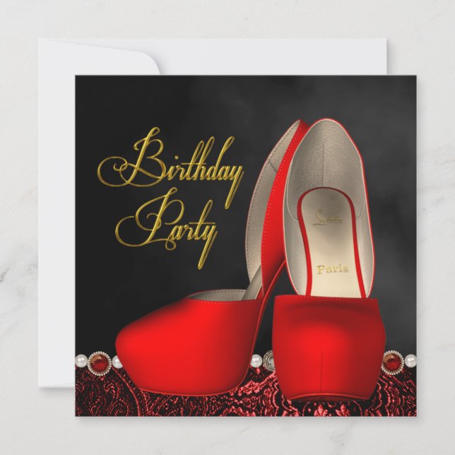 Black Gold Red High Heel Shoes Birthday Party Invitation (Front)