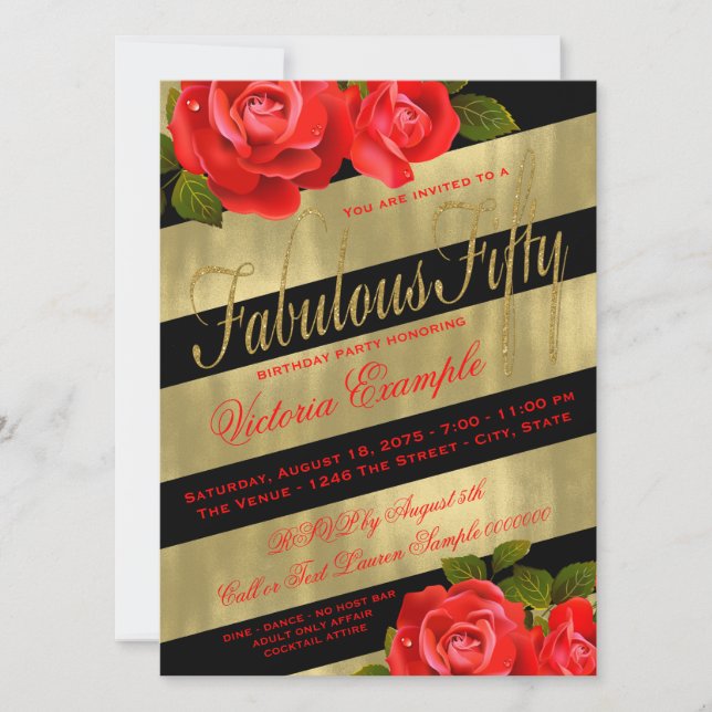 Black Gold Red Rose 50th Birthday Invitation (Front)