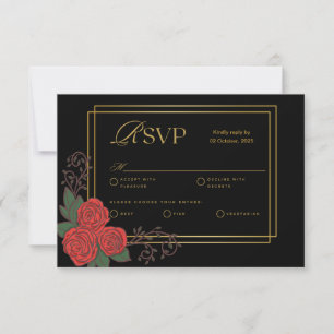 Black Gold Red Rose Floral Wedding RSVP Card