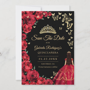 Black Gold Red Roses Butterflies Quinceanera Save The Date