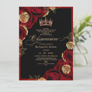 Black Gold Red Roses Princess Quinceañera  Invitation