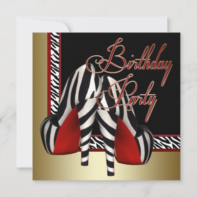 Black Gold Red Zebra High Heels Birthday Party Invitation (Front)