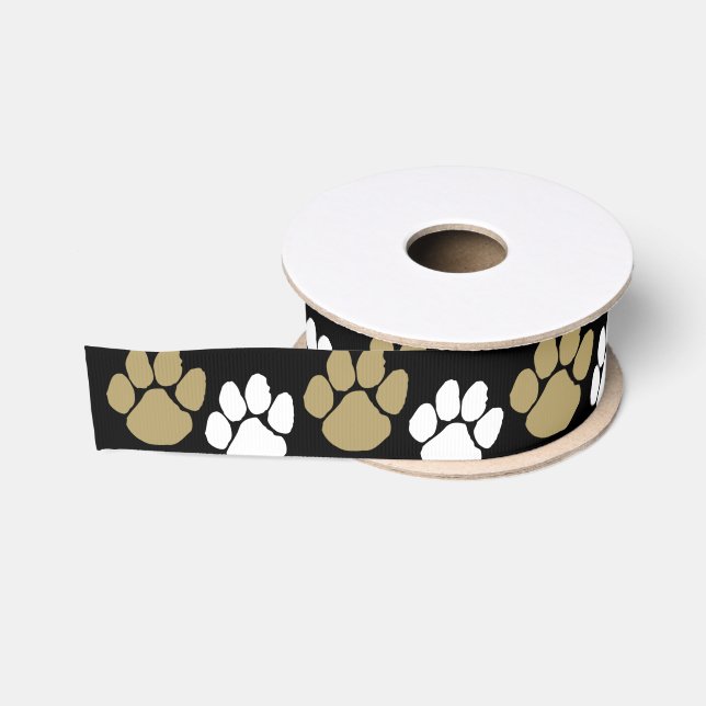 Black & Gold Repeating Pawprint Grosgrain Ribbon (Spool)