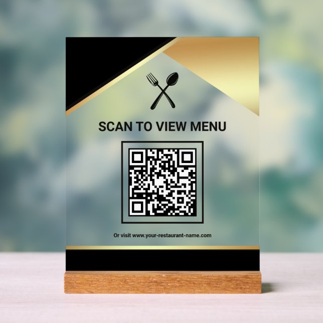 Black Gold Restaurant Digital QR Code Menu Acrylic Sign (Neutral)