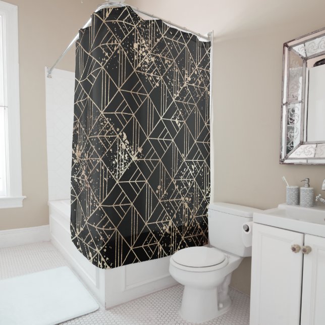 Black Gold Retro Art Deco Geometric Paint Splatter Shower Curtain (In Situ)